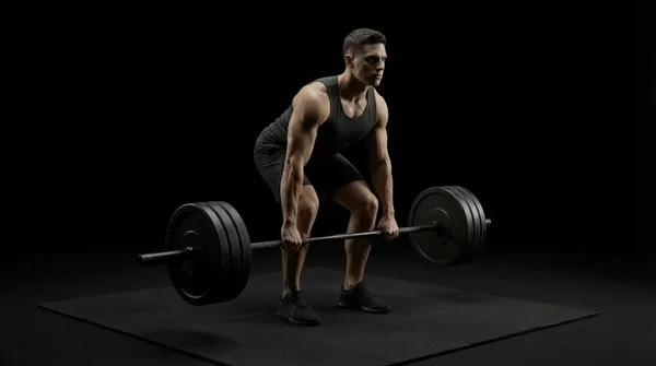 Lifter performing a deadlift in a dark gym